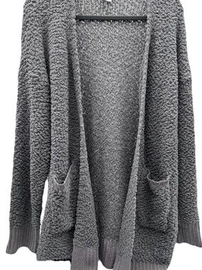 Open-Front Gray Popcorn-Knit Cardigan with Pockets